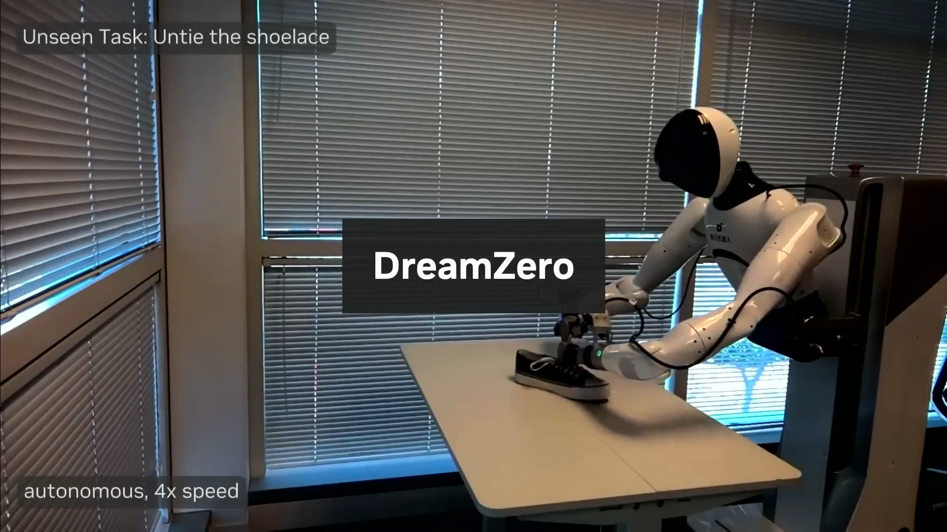 Dream Zero autonomously performing an unseen task: "Untie the shoelace"